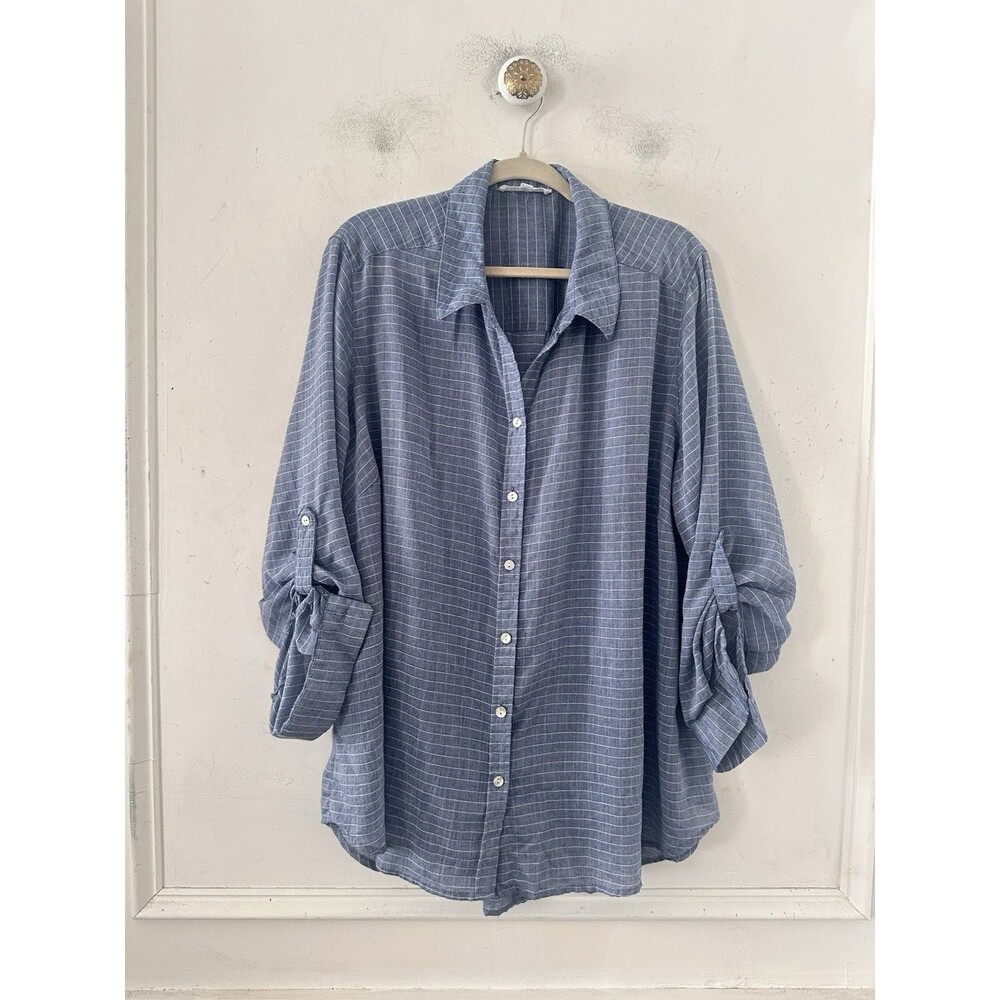 Jane+Delancey Shirt Tunic Womens 1X Blue Stripe Roll Tab Sleeve Pleated Nautical - Picture 3 of 11